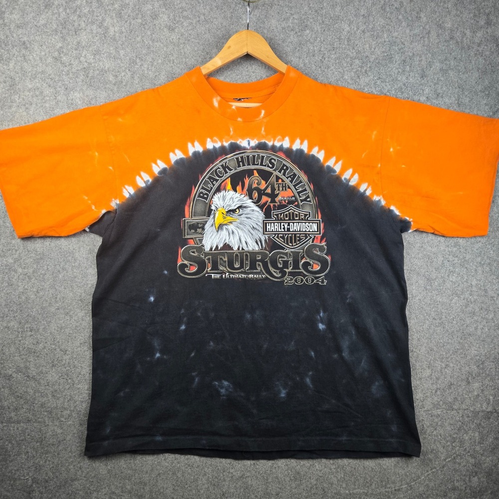 Vintage Harley-Davidson T-Shirt Mens 2XL Black Orange Tie Dye Eagle Sturgis 2004